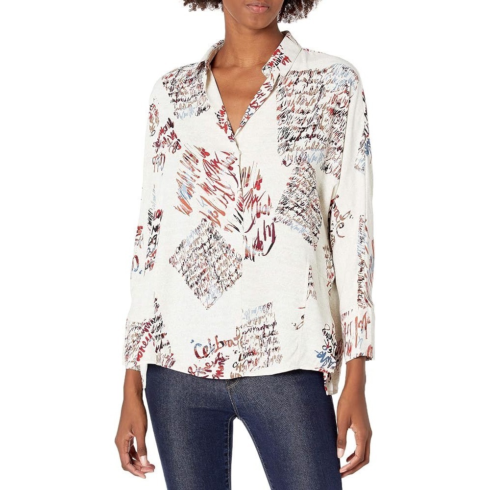 Nic + Zoe Script Print Scattered Letters Popover Blouse Large Office Artsy Comfy